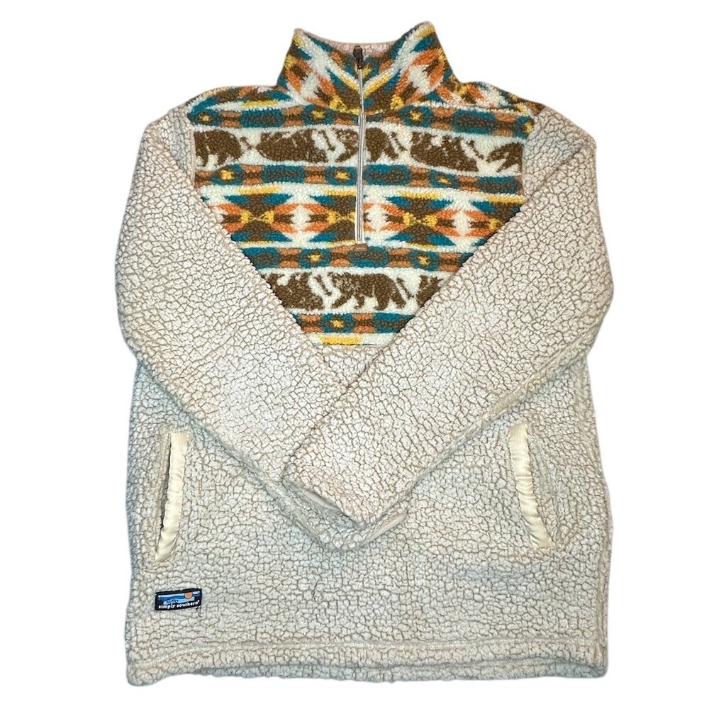 Simply Southern Jacket Womens L Ivory Sherpa 1/4 Zip Aztec Bear